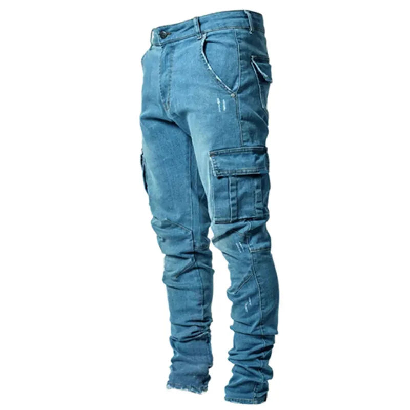 2025 New Men Street Elastic Denim Brand Jeans Narrow Legs Multi Pockets Cargo Pants Casual Slim Fit Daily Wear Joggers Mid Waist - Buy online at  Vibe In Cart.