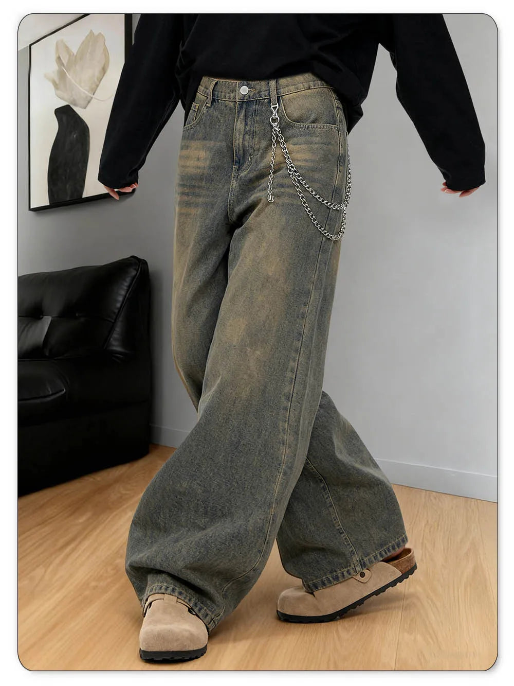 American Retro Baggy Wide Leg Jeans Men's Korea Streetwear Distressed y2k Clothing Casual Daily Four Seasons Denim Pants Unisex - Buy online at  Vibe In Cart.