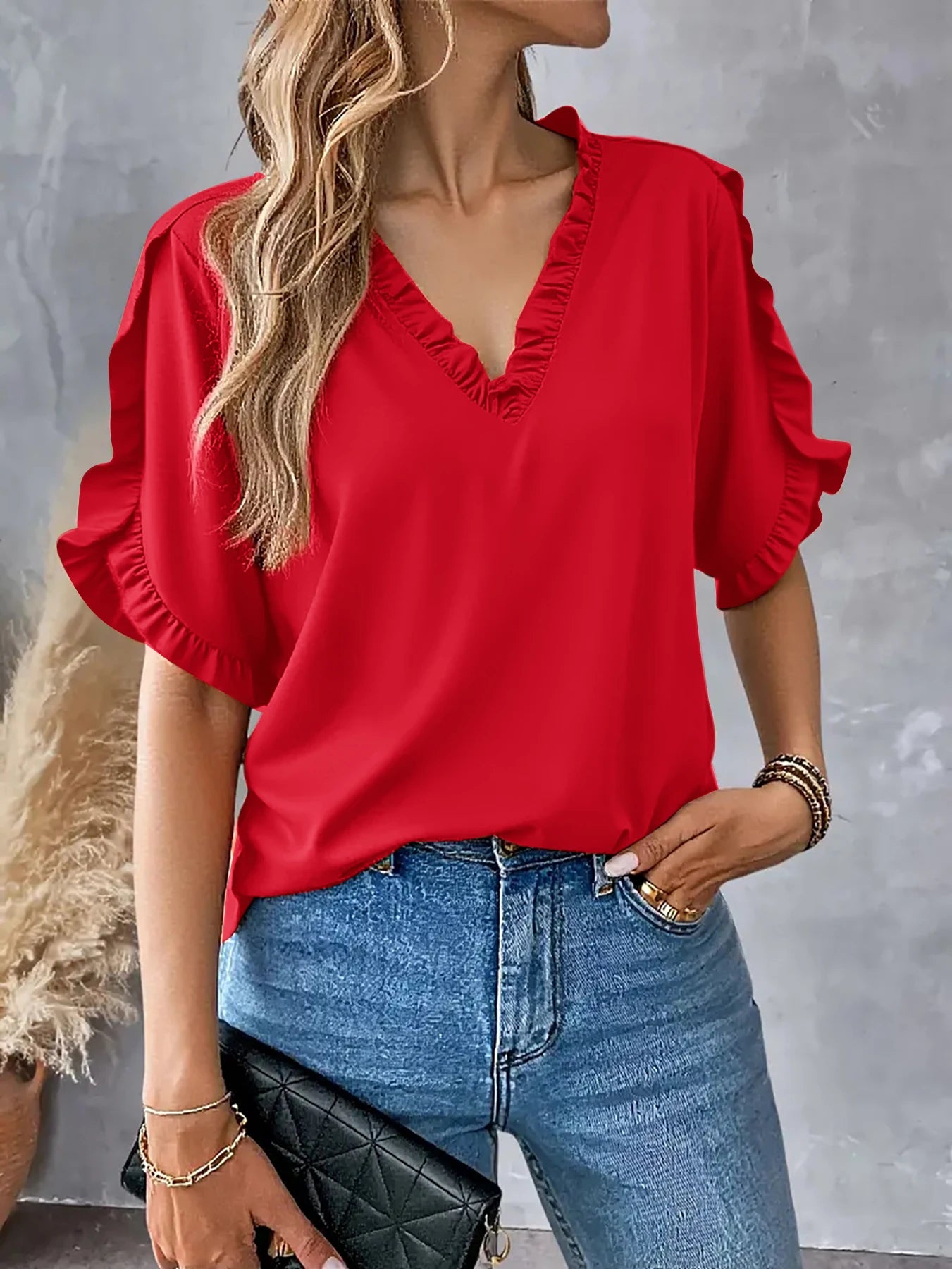 Women's Summer Short Sleeve V Neck Polyester Tunic Tops