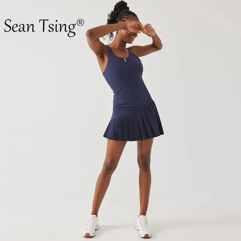 Sean Tsing® Golf Dresses with Safety Pants Women Sleeveless Zipper Sport Dress for Tennis Badminton Baseball Athletic Outfits