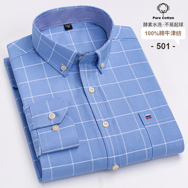 Men's Long Sleeve Plaid Cotton Formal Shirt Regular Fit S-7XL