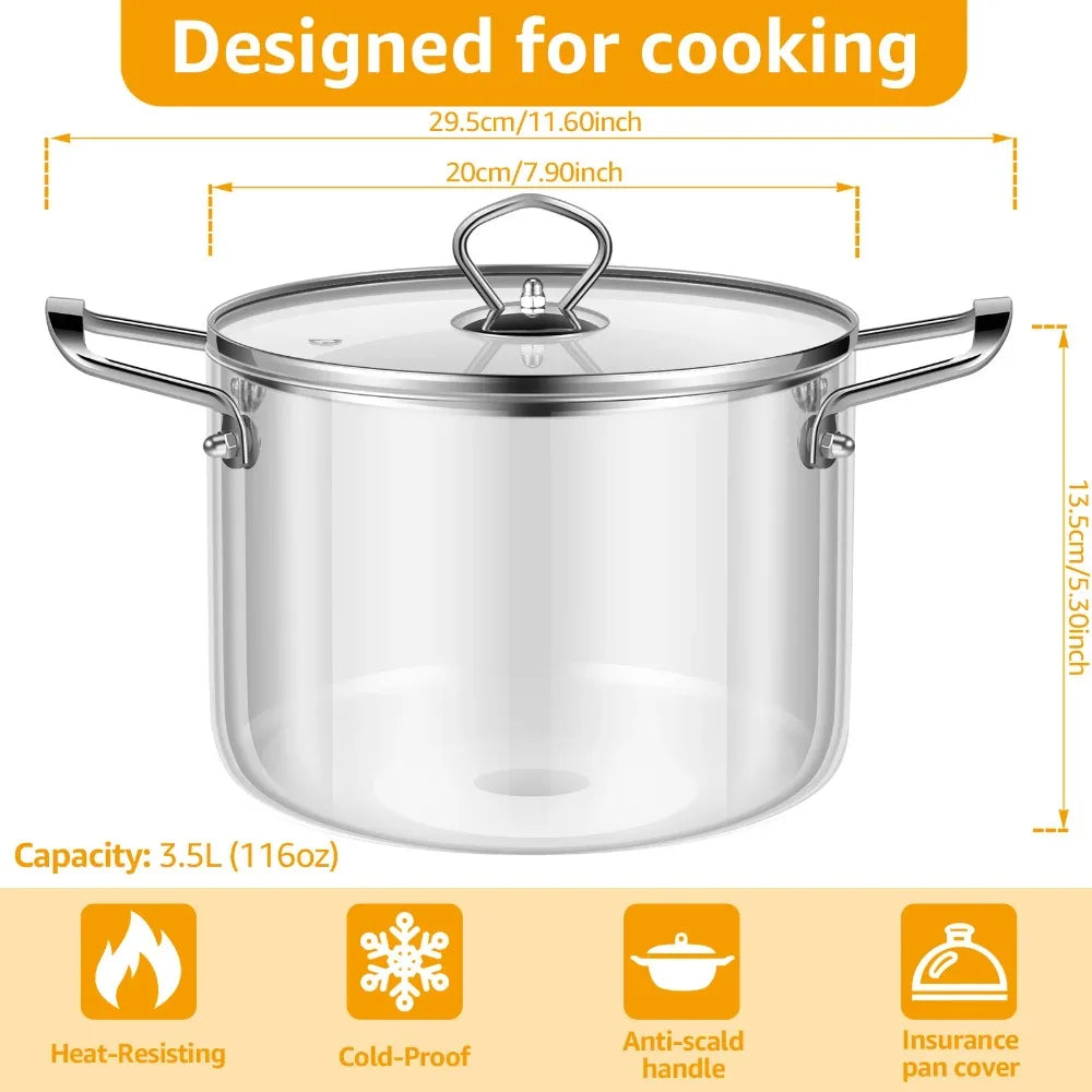 3.5L Glass Pot with Lid Heat Resistant Stainless Steel Double Handles Pot for Cooking Soup Milk Pasta Stovetop Glass Cookware - Buy online at  Vibe In Cart.