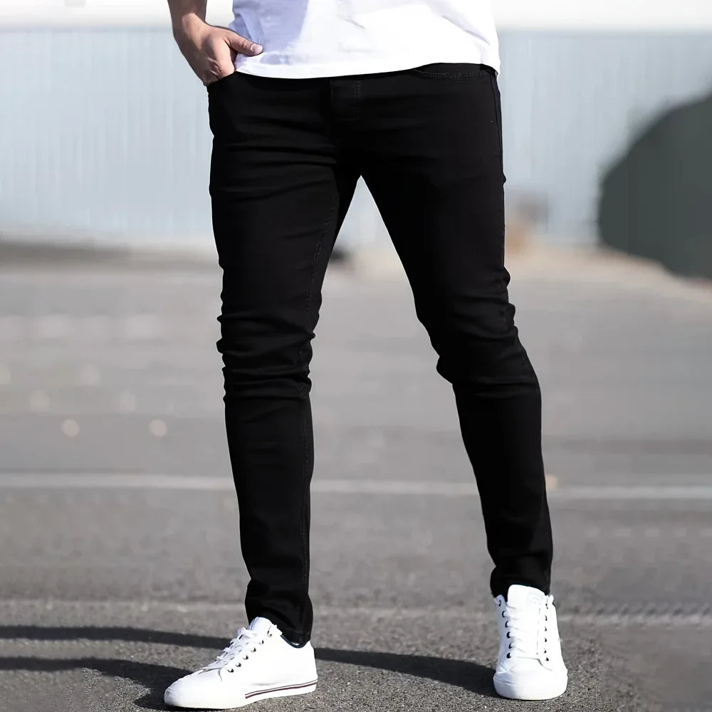 Spring Mens Black Blue Pants Pure Color Stretch Jeans Street Casual Slim Fit Trousers Male Vintage Wash Skinny Jeans for Men - Buy online at  Vibe In Cart.