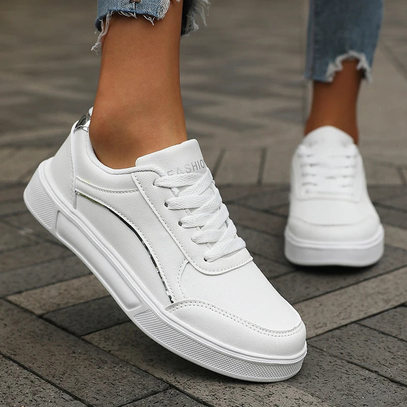 Women's Casual White Sneakers Chic Silver Trim Soft Lining Non Slip Shoes New Minimalist Design PU Leathe Skate Shoes for Women - Buy online at  Vibe In Cart.