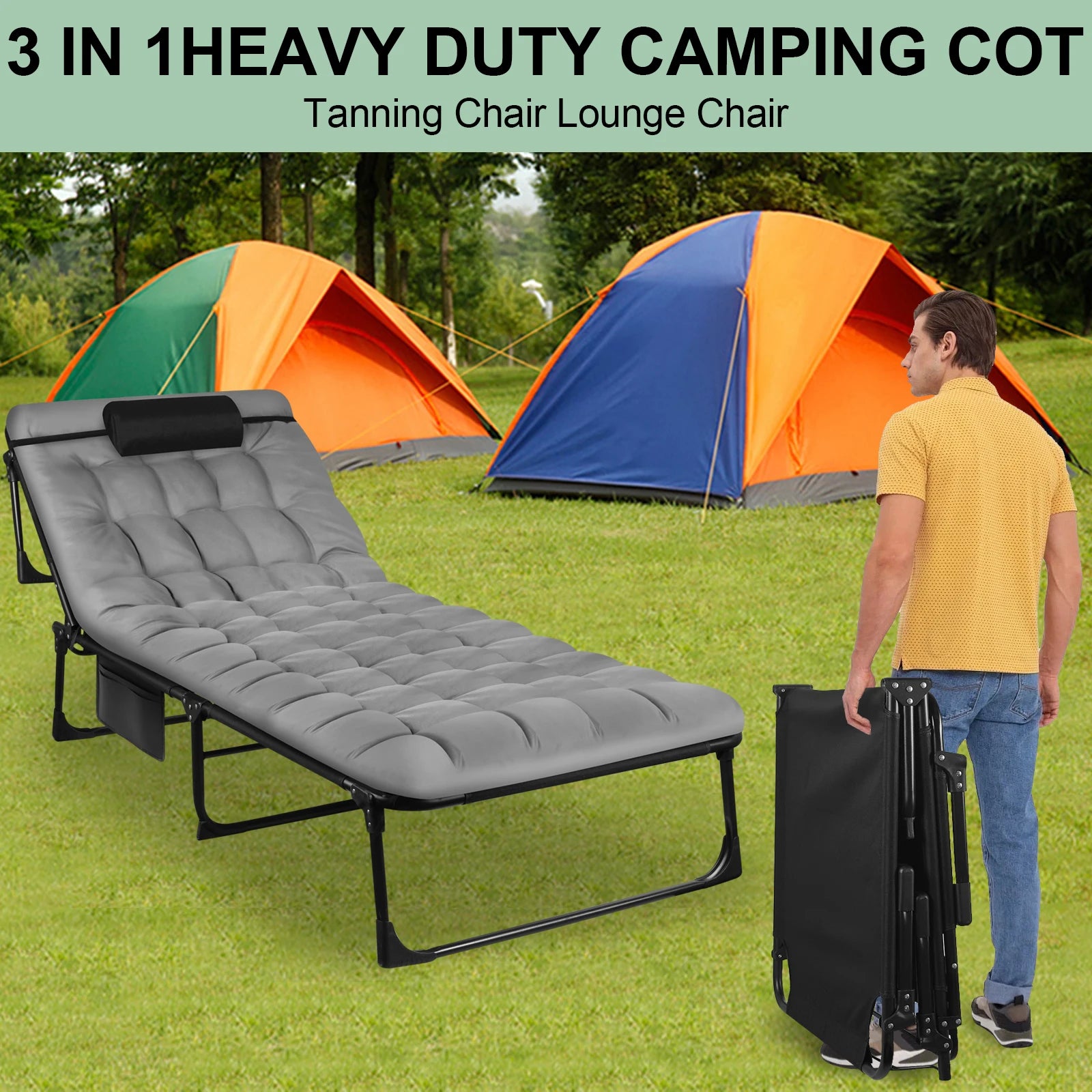 Portable Folding Camping Cot - 3-Position Adjustable Reclining Lounge Chair with Pillow, Outdoor Sleeping Bed (68cm Wide) - Buy online at  Vibe In Cart.