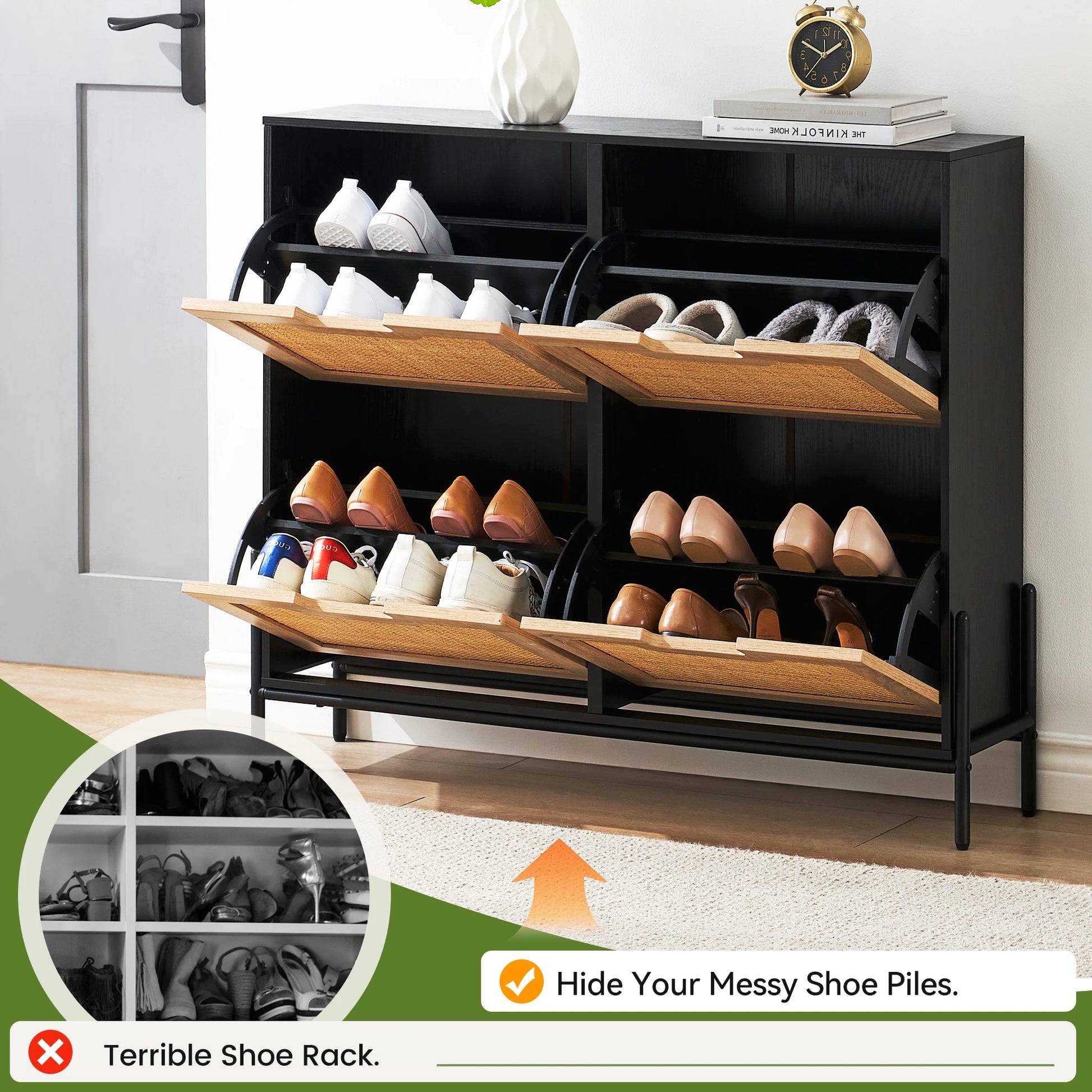Rattan Shoe Storage Cabinet, Entryway Shoes Cabinet with 4 Flip Doors, Freestanding Shoe Rack with 3 Position Adjustable Shelves - Buy online at  Vibe In Cart.