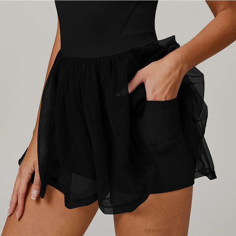 VITALINOVO Womens Tennis Dress with Built in Shorts Golf Dress Square Neck Athletic Outfits Active Dresses Raceback Padded Dress