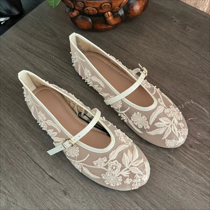 2025 Summer Women Mary Jane Shoes Brand Designer New Embroidered Mesh Elegant Belt Buckle Strap White Ladies Ballet Flats - Buy online at  Vibe In Cart.