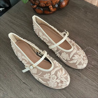 2025 Summer Women Mary Jane Shoes Brand Designer New Embroidered Mesh Elegant Belt Buckle Strap White Ladies Ballet Flats - Buy online at  Vibe In Cart.