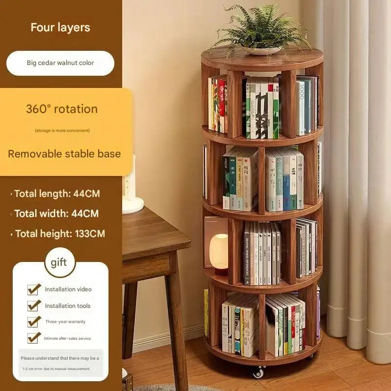 360 Degree Rotatable 5-Tier Round Wooden Bookshelf