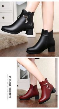 Women's Autumn Winter Soft Leather Warm Plush Ankle Boots Anti-Slip Thick Heel