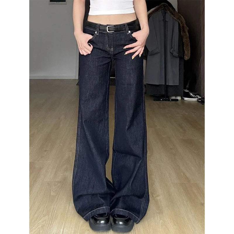 Women's Blue Wide Leg Straight High Waist Baggy Jeans