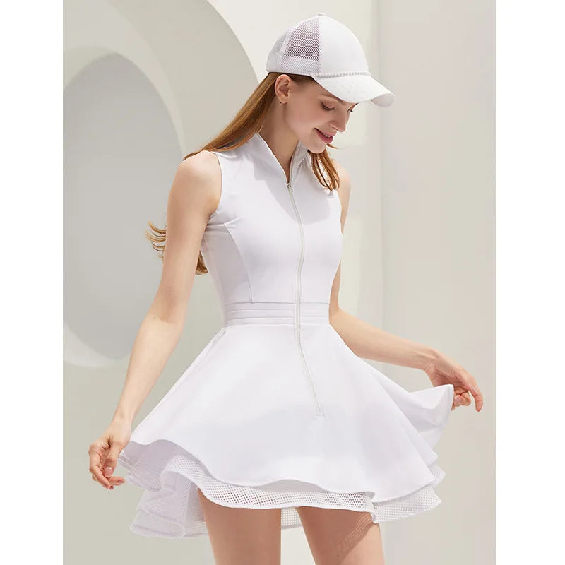 Women's Sleeveless Tennis Dress with Zipper and Inner Short
