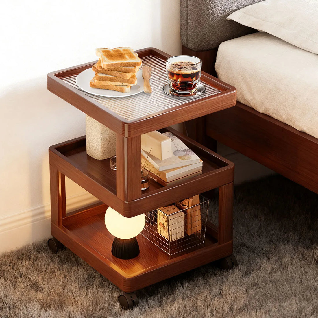 Geometric 3-Tier Bamboo Storage Side Table with Acrylic Surface & Wheels, Tea Brown Living Bedroom Furniture - Buy online at  Vibe In Cart.