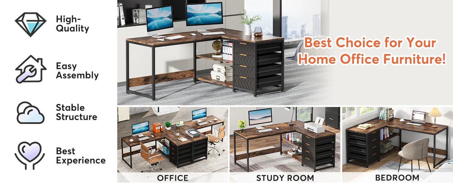 Tribesigns L Shaped Computer Desk with Storage Drawers, 59 inch Corner Desk with Shelves, Reversible L-Shaped Office Desk Study - Buy online at  Vibe In Cart.