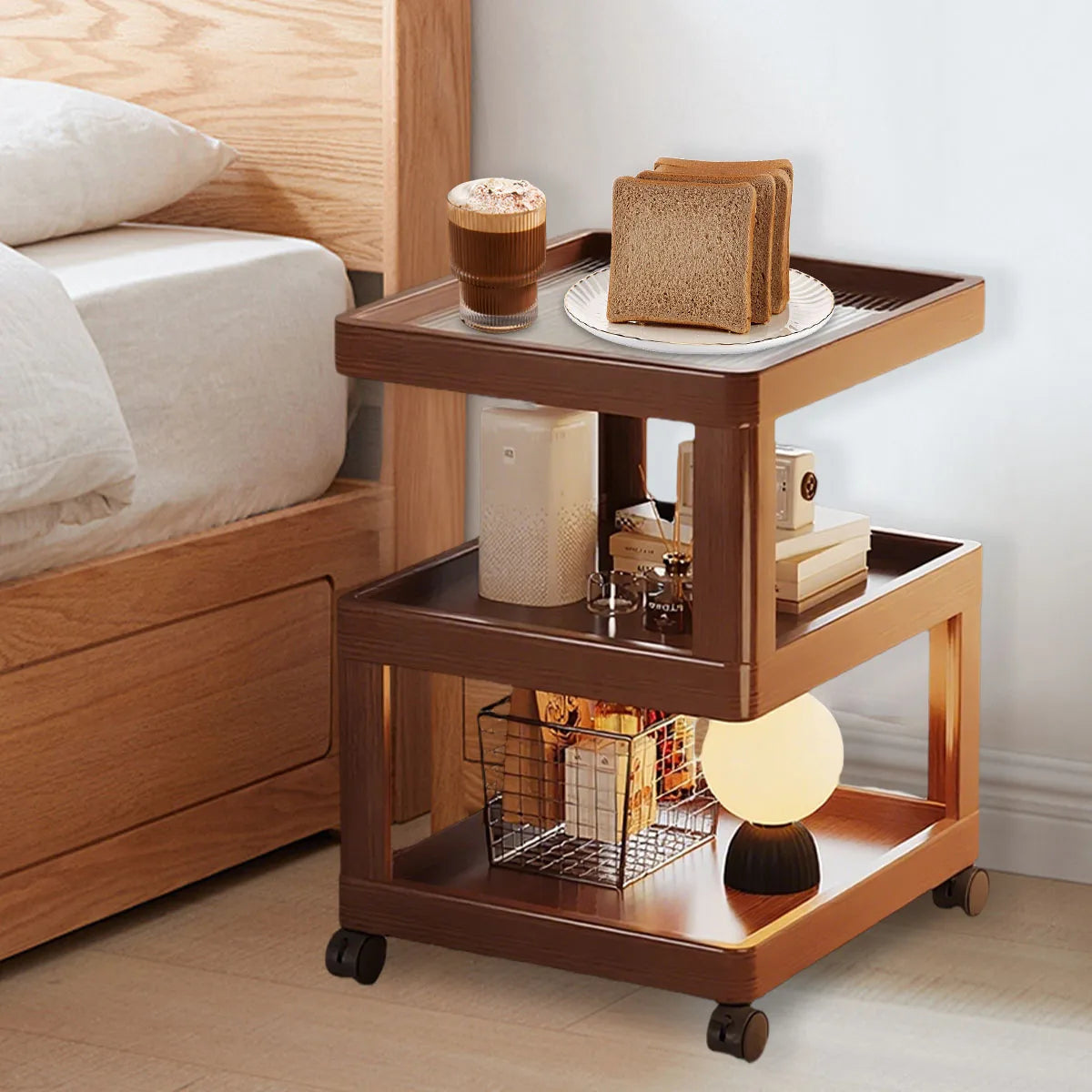 Geometric 3-Tier Bamboo Storage Side Table with Acrylic Surface & Wheels, Tea Brown Living Bedroom Furniture - Buy online at  Vibe In Cart.