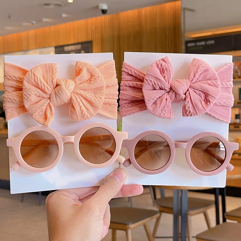 2 Pcs/Set New Children Solid Color Cotton Bowknot Wide Hairband Round Sunglasses Set Baby Girls Sunglasses Kids Hair Accessories - Buy online at  Vibe In Cart.
