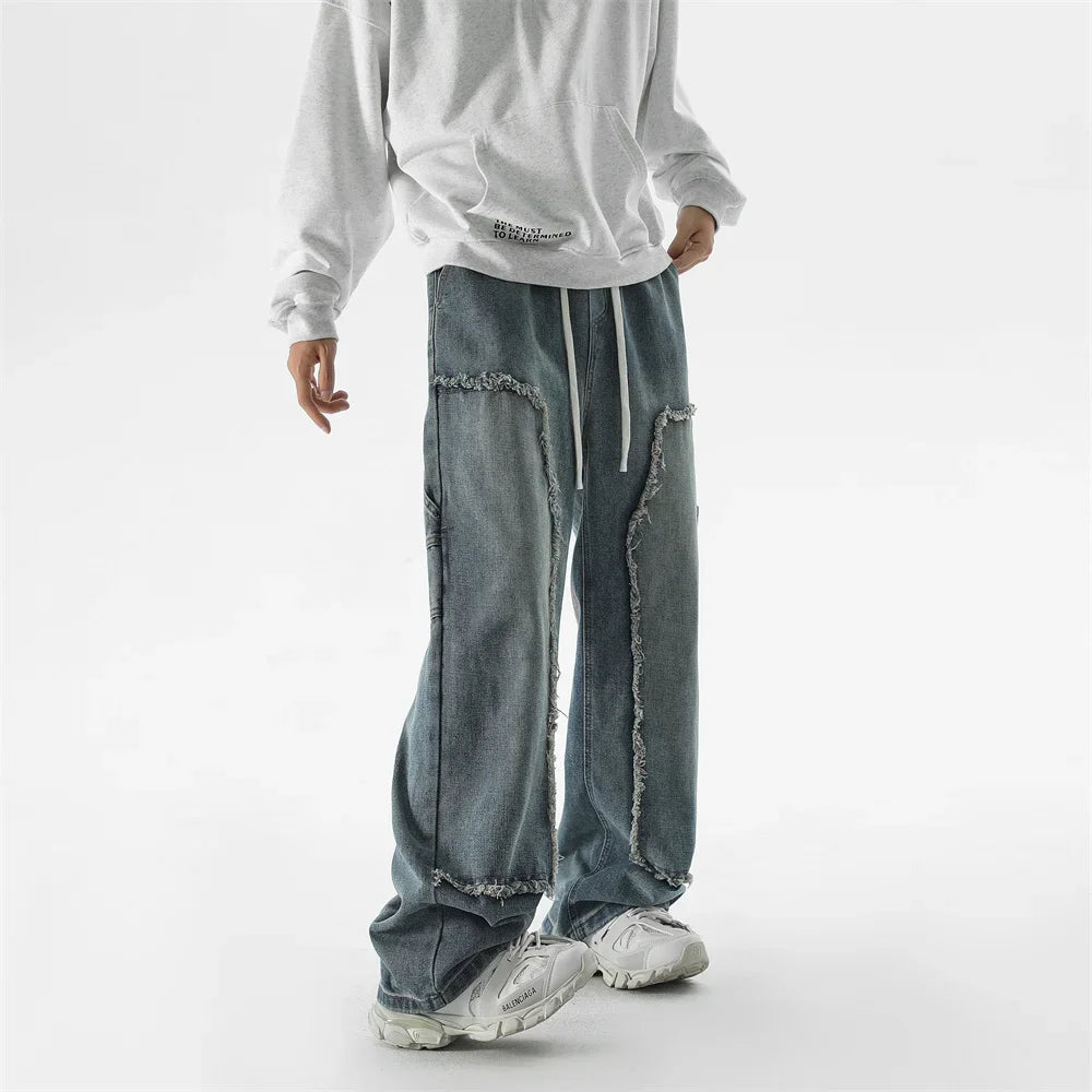 Men's Autumn Trendy Baggy Jeans Elastic Waist Washed Casual Denim Trousers Male High Street Fashion Wide Legs Straight Pants - Buy online at  Vibe In Cart.