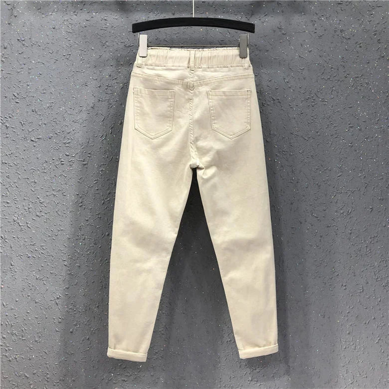 Women's White Straight Cotton Polyester Jeans Full Length