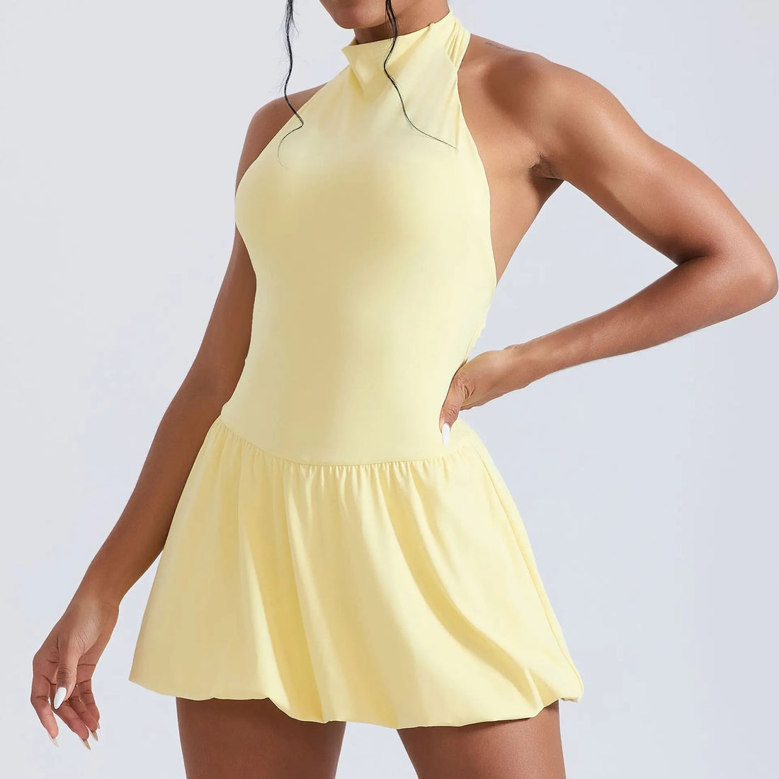 Women Tennis Dresses Quick Drying High Neck Backless Golf Skirt  Built in Shorts with Pockets Gym Running Yoga Dress