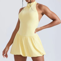 Women Tennis Dresses Quick Drying High Neck Backless Golf Skirt  Built in Shorts with Pockets Gym Running Yoga Dress