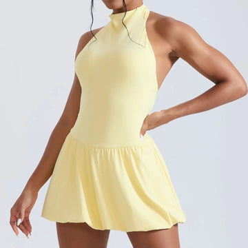 Women Tennis Dresses Quick Drying High Neck Backless Golf Skirt  Built in Shorts with Pockets Gym Running Yoga Dress