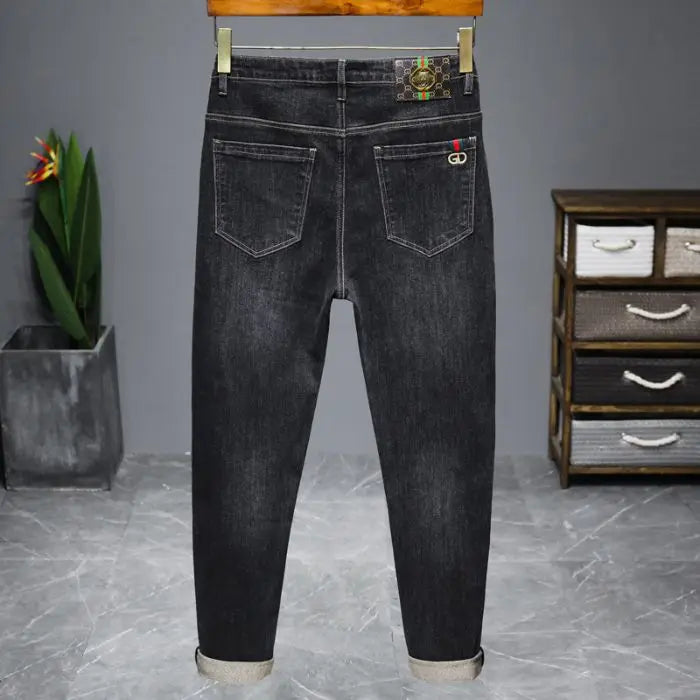 Men's Slim Fit Charcoal Grey Embroidered Jeans for Autumn and Winter