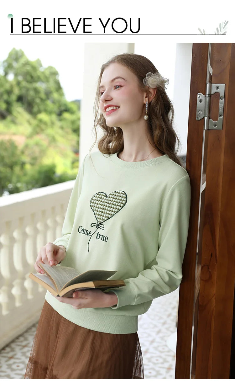 Women's Green Waffle Knitted Loose O-Neck Pullover Hoodie with Embroidery