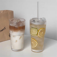 1/2pcs 600ml Stripe Glass Cup with Lid and Straw Transparent Drinking Glasses for Juice Water and Iced Coffee Cups Drinkware - Buy online at  Vibe In Cart.