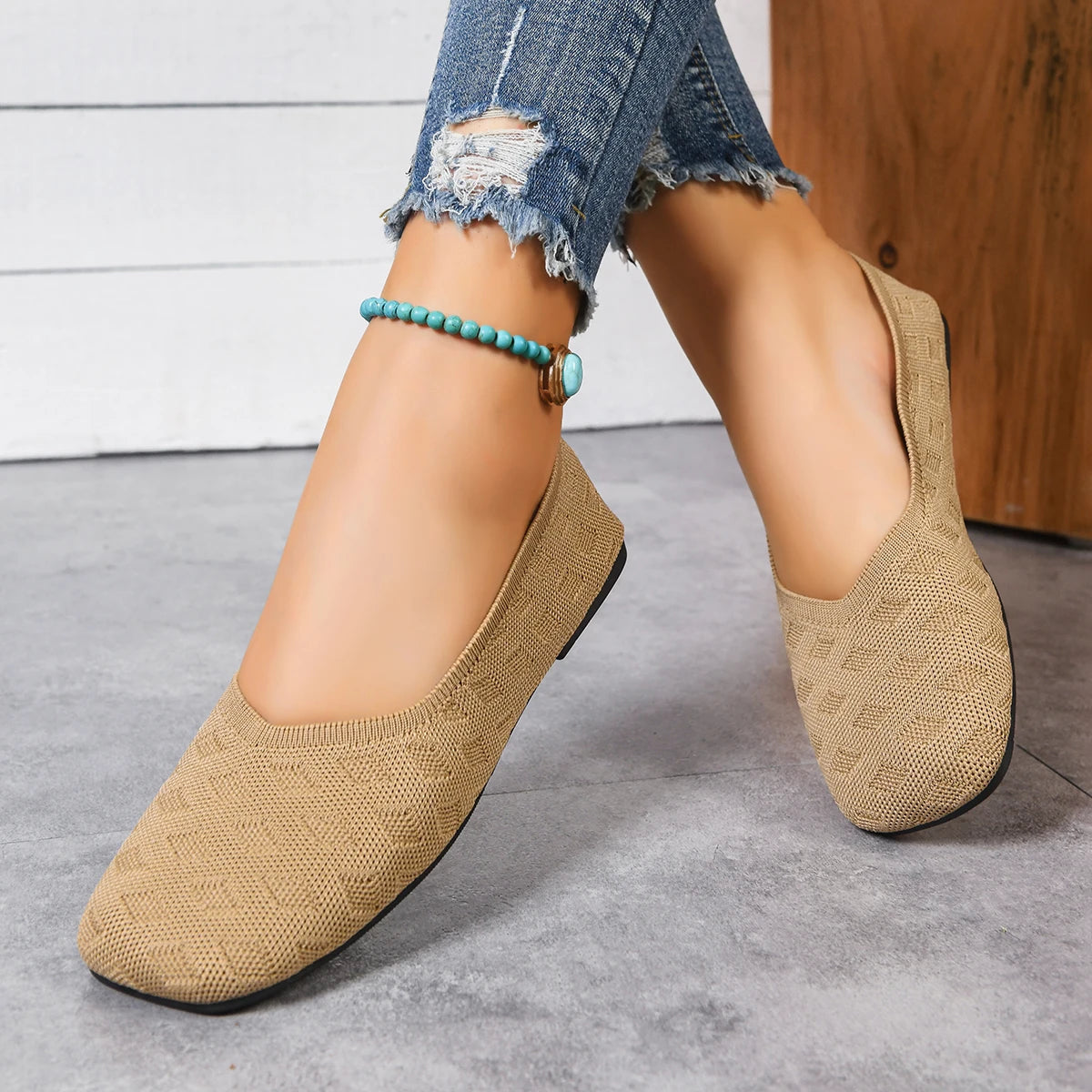 New 2026 Spring/autumn Square Toe Flat Office Boat Solid Color Knitted Slip on Shoes Casual Ballet Flats Shoes Women Loafers - Buy online at  Vibe In Cart.
