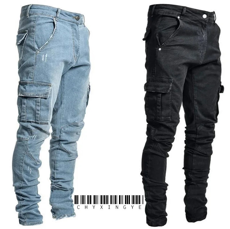 2025 New Men Street Elastic Denim Brand Jeans Narrow Legs Multi Pockets Cargo Pants Casual Slim Fit Daily Wear Joggers Mid Waist - Buy online at  Vibe In Cart.