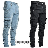 2025 New Men Street Elastic Denim Brand Jeans Narrow Legs Multi Pockets Cargo Pants Casual Slim Fit Daily Wear Joggers Mid Waist - Buy online at  Vibe In Cart.