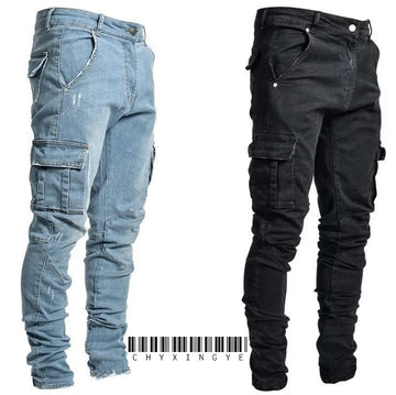 2025 New Men Street Elastic Denim Brand Jeans Narrow Legs Multi Pockets Cargo Pants Casual Slim Fit Daily Wear Joggers Mid Waist - Buy online at  Vibe In Cart.