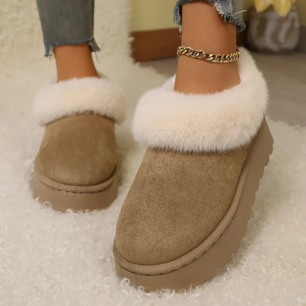 New Autumn and Winter Snow Boots, Solid Color Cute and Simple Warm Shoes, Fleece-Lined Warm Slip-On Slippers, Home Warm Slippers, Ankle Fleece-Lined Design - Buy online at  Vibe In Cart.