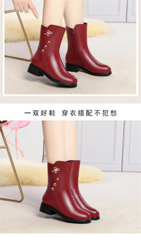 Soft Leather Boots for Women Autumn Winter with Plush Warm Side Zipper Round Toe High Heel Casual Anti-slip Mom Cotton Shoes - Buy online at  Vibe In Cart.