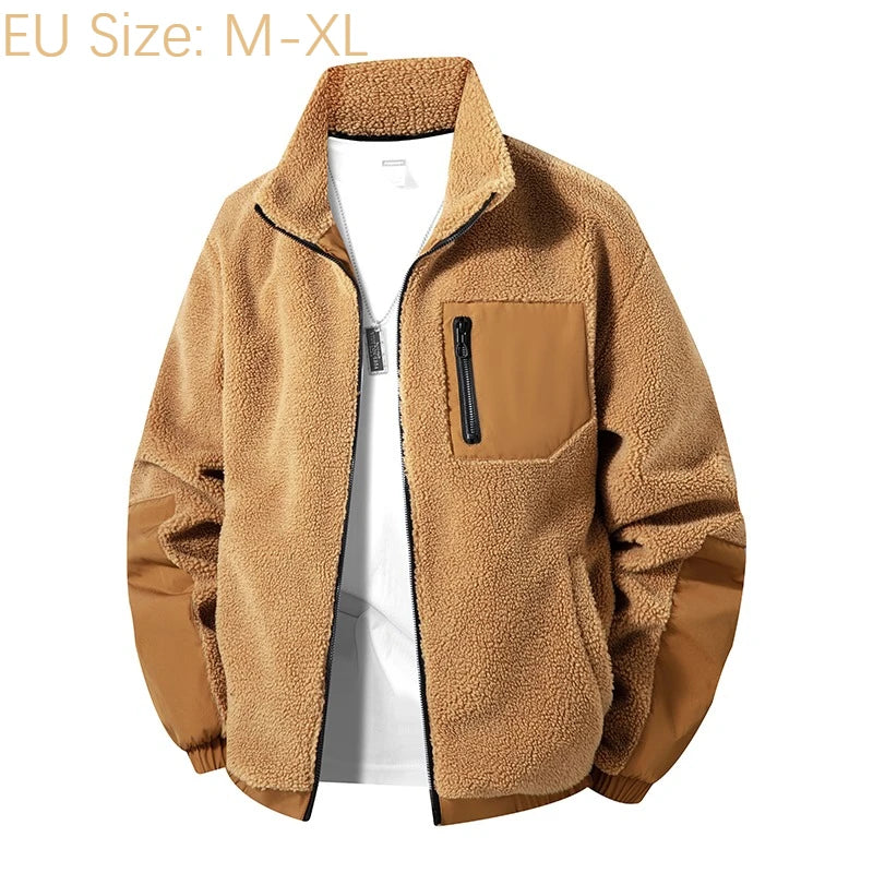 Men's European Size Sherpa Lined Stand Collar Winter Jacket with Thickened Fleece for Outdoor Casual Wear  Street Style Fashion - Buy online at  Vibe In Cart.