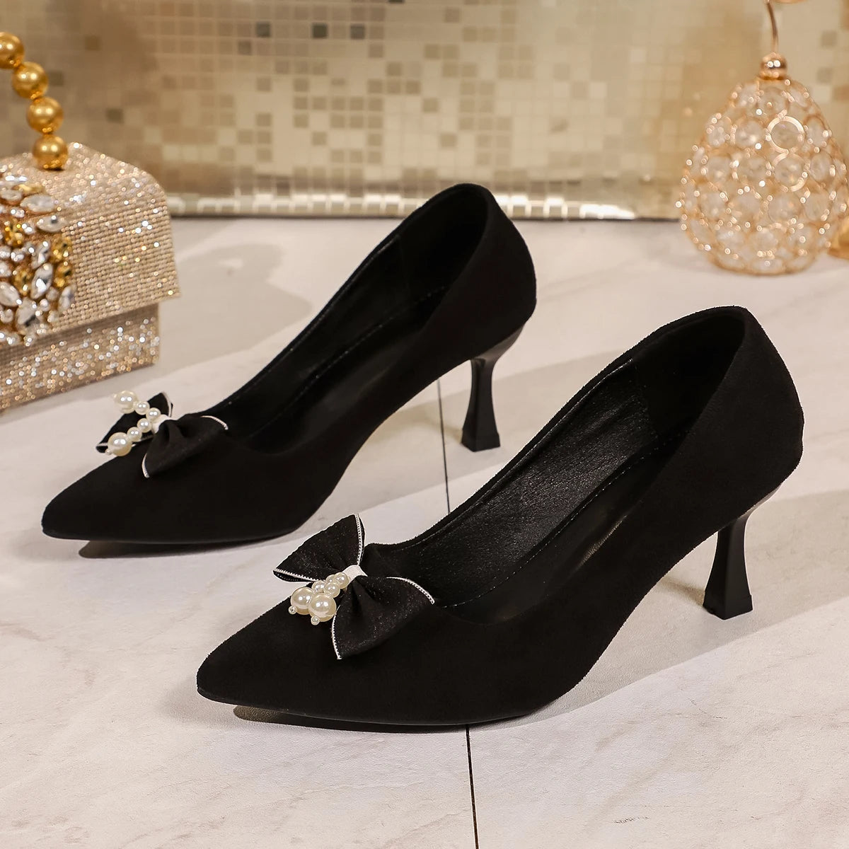 2025 New Black Suede Pointed Toe High Heels with Pearl Bow Stiletto Shallow Single Shoes Women's Commuting Date Elegant Workplace Shoes - Buy online at  Vibe In Cart.