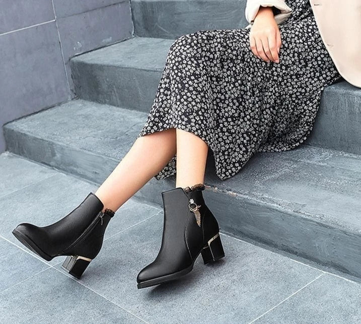 Autumn Winter Black Booties Elegant with Medium Heels Women's Ankle Boots Leather Warm Female Short Shoes Comfortable Boot Sale - Buy online at  Vibe In Cart.