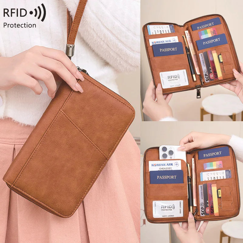 Multifunctional Travel Passport Wallet with RFID Protection in Microfiber Leather