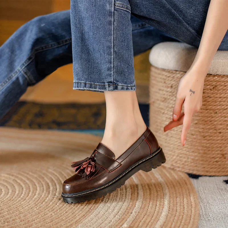 Women Loafers Genuine Leather Fringe Moccasions Retro British Style Ladies Oxford Shoes Slip On Brown Flats - Buy online at  Vibe In Cart.