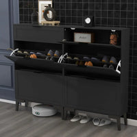 Contemporary Black Wood Shoe Storage Cabinet - Slim 3-Tier Freestanding Entryway Rack - Buy online at  Vibe In Cart.