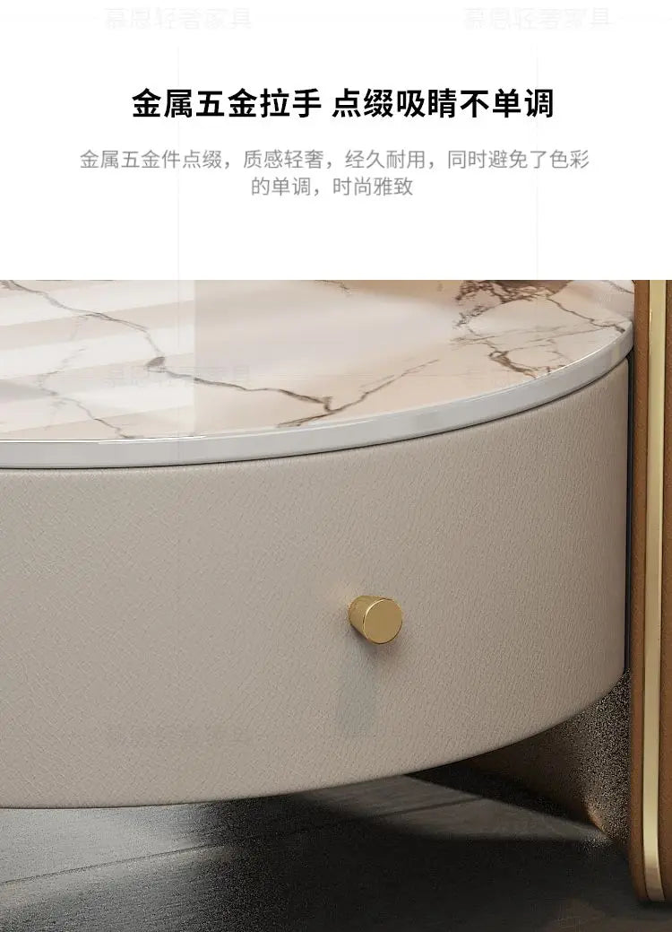 Modern Round Bedside Table with Leather Finish and One Drawer