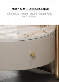 Modern Round Bedside Table with Leather Finish and One Drawer