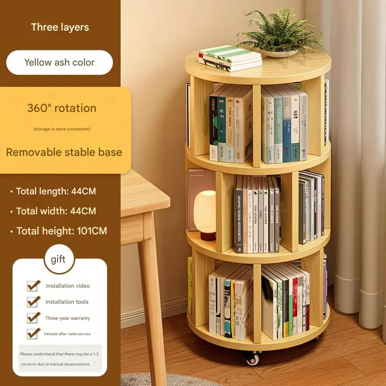 360 Degree Rotatable 5-Tier Round Wooden Bookshelf