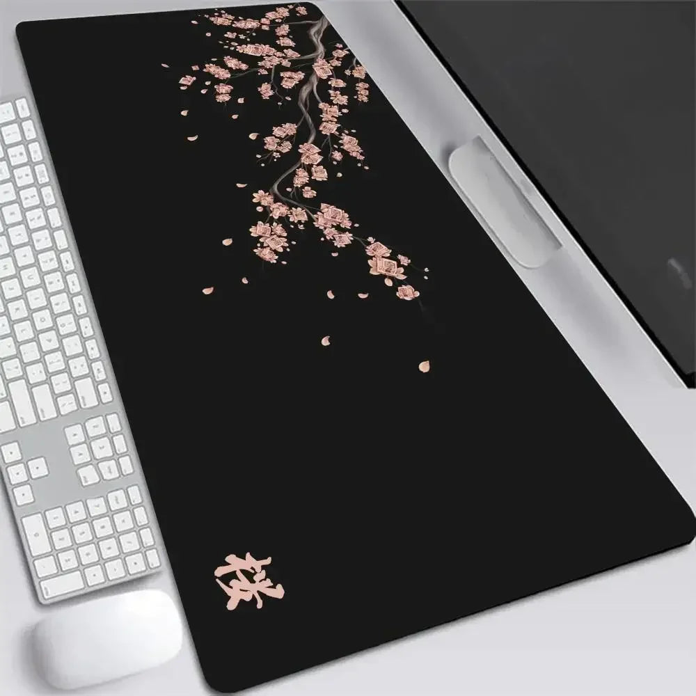 XXL Gray Rubber and Cloth Mouse Pad with Cherry Blossom Design