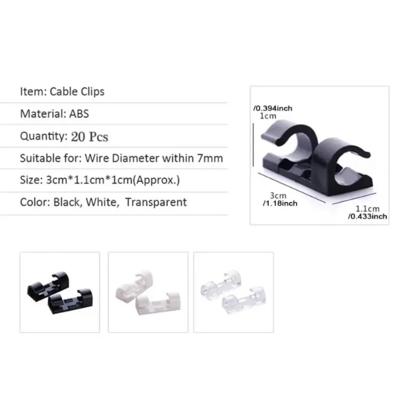 Plastic Cable Manager with Self-Adhesive Holders, 20 Pieces, Three Colors