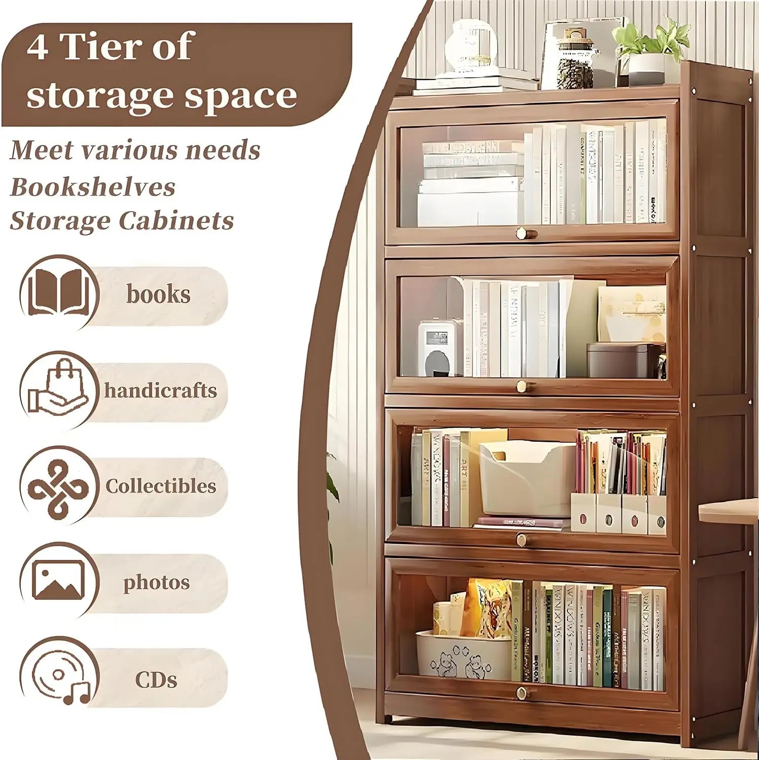 55 Bamboo Bookcases,Book Shelfs with Acrylic Doors,Freestanding Display Storage Shelves for Collectibles,4 Tier Tall Bookshelfs - Buy online at  Vibe In Cart.