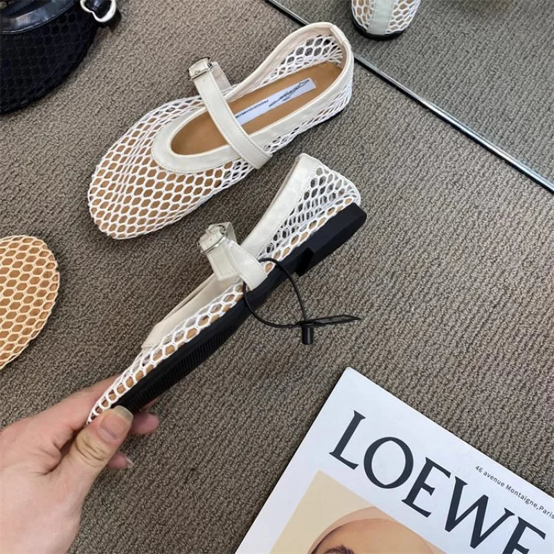 2025 New Hollow Mesh Women's Flat Ballet Shoes - Casual Fashion Versatile Breathable Fishnet Sandals - Buy online at  Vibe In Cart.