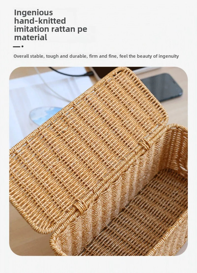 Rattan Cable Management Box with 2 Open Slots for Under Desk