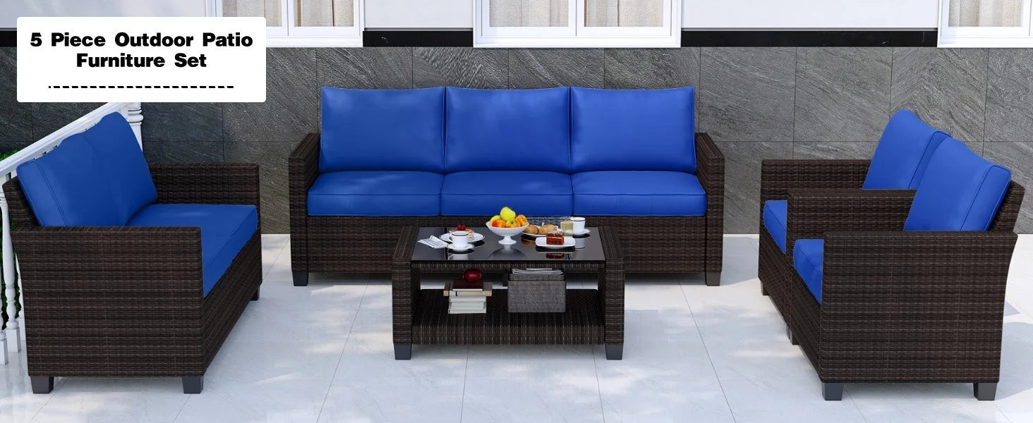5 Piece Outdoor Patio Furniture Set with Coffee Table, Rattan Deck Conversation Sofa Set, All-Weather Sectional Rattan Sofa with - Buy online at  Vibe In Cart.